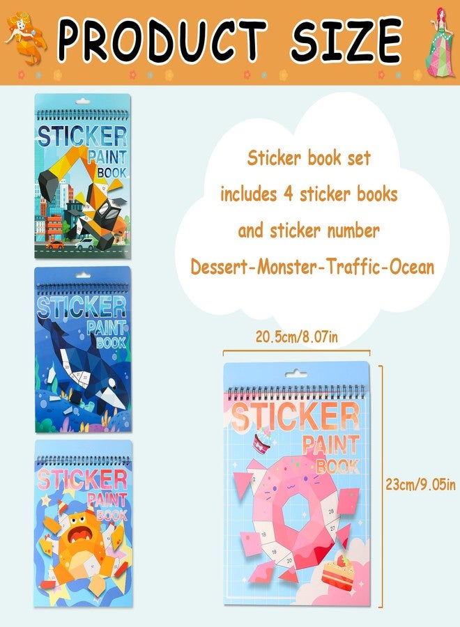 TPQKA 4 PCS Sticker by Number Sticker Paint Books for Kids Boys Girls Ages 4-8 Ocean Vehicles Desserts Monster Stickers Party Favors Road Plane Travel Activity Book Toy Gifts - Image 2